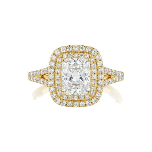 Kylie Radiant Cut Moissanite engagement ring with double halo natural diamonds in 18KT gold