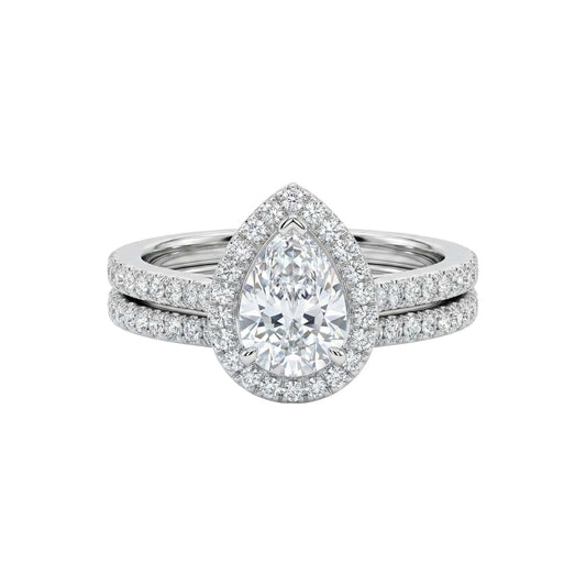 Laila Pear Cut CZ Bridal Set featuring pear-shaped cubic zirconia and pavé wedding band in 18KT gold