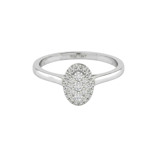 Silver ring with a diamond oval center on a white background