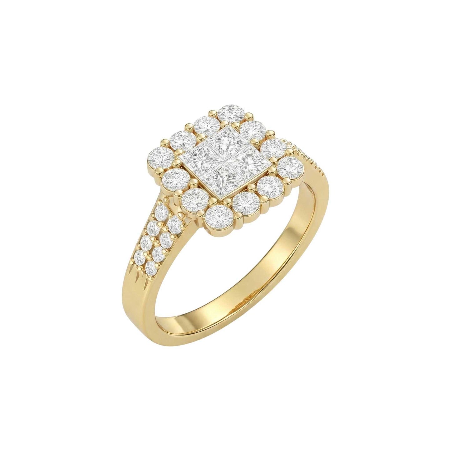 Gold ring with diamond accents on a white background