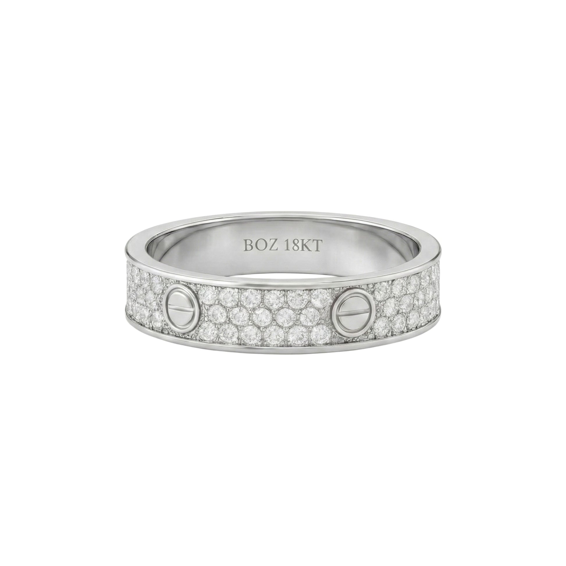 Silver ring with embedded diamonds on a white background