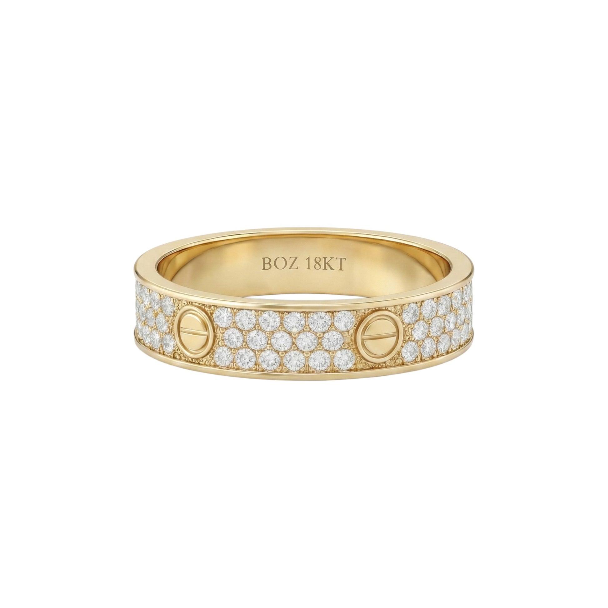 Gold ring with diamond accents on a white background