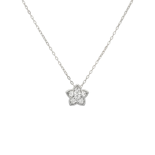 Silver necklace with a star-shaped pendant on a white background