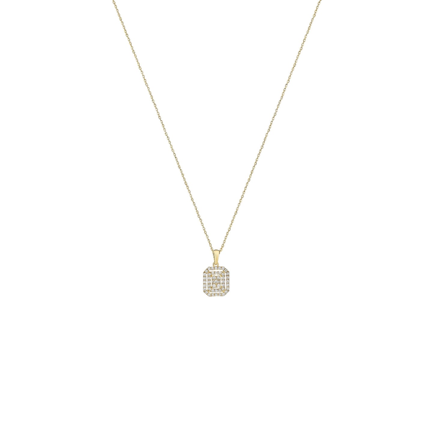 Gold necklace with a diamond pendant on a white background