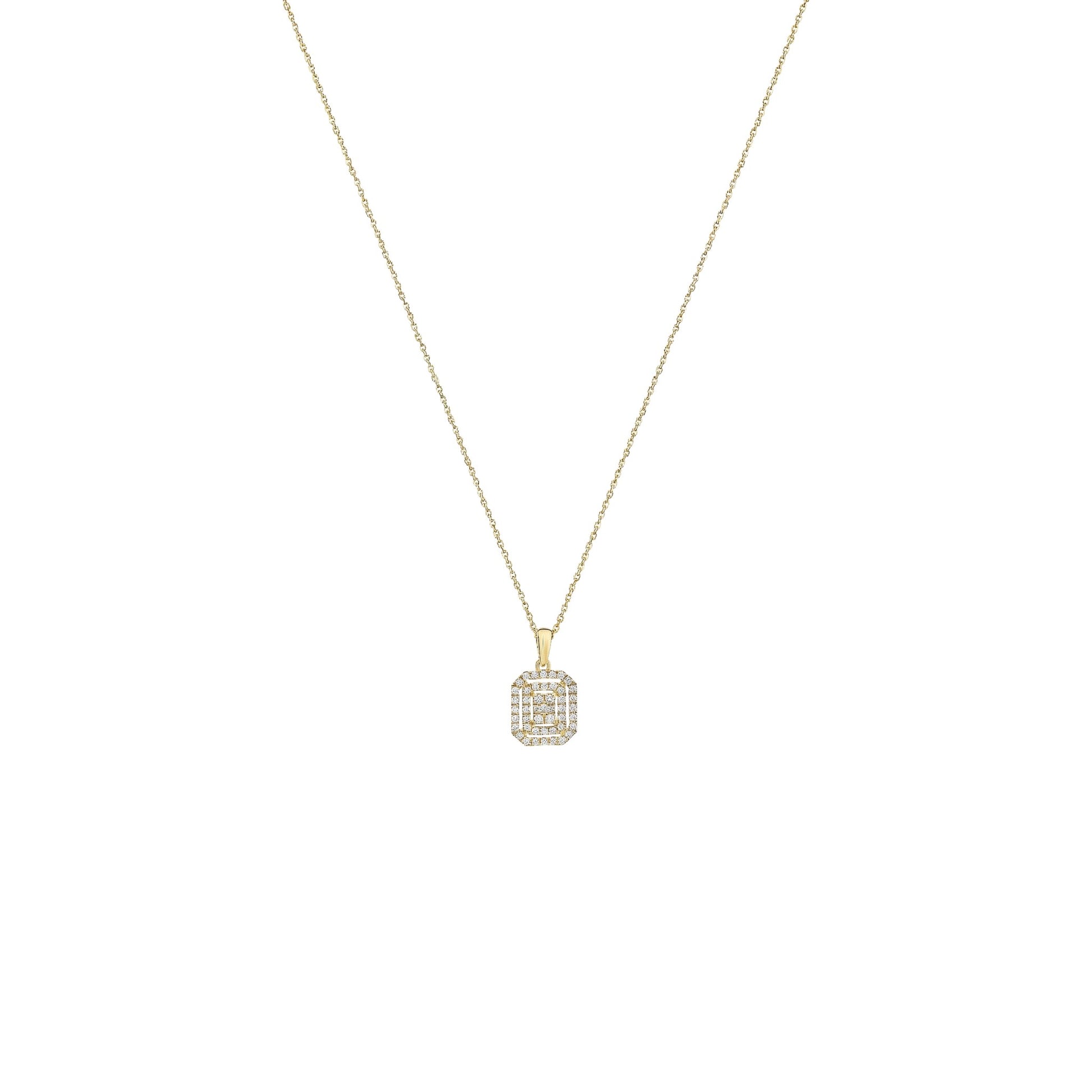 Gold necklace with a diamond pendant on a white background