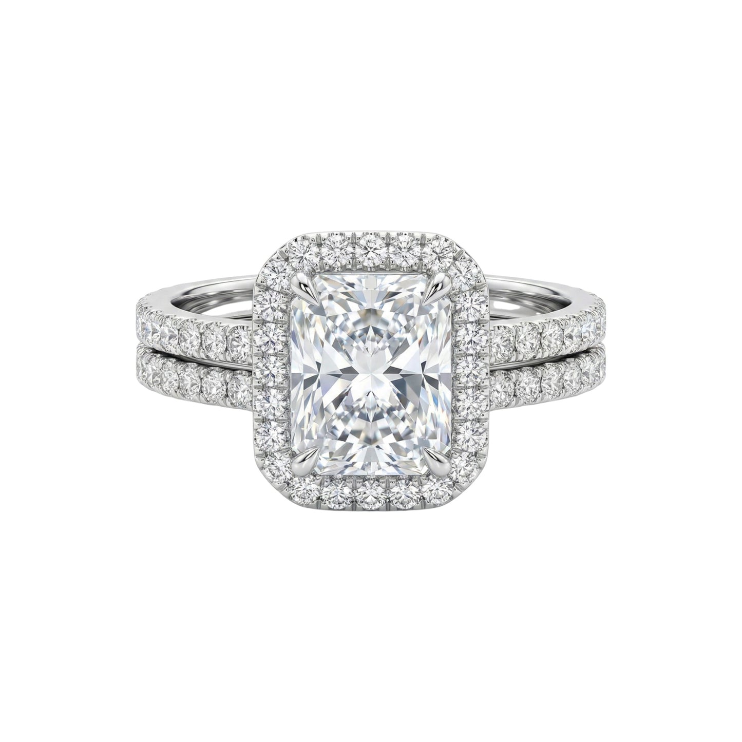 Diamond ring with a square-cut center stone on a white background