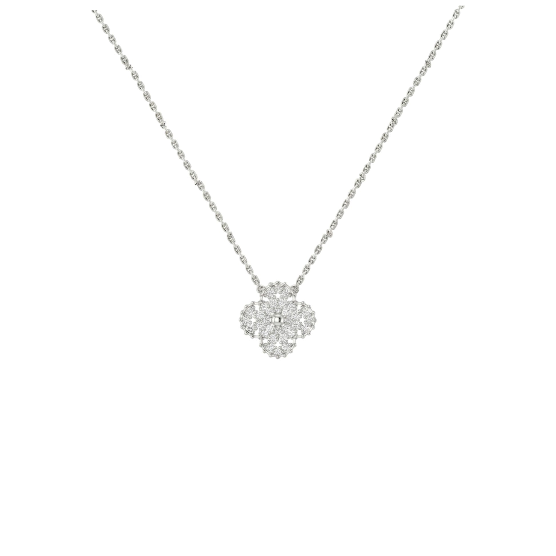 Silver necklace with a floral pendant on a white background