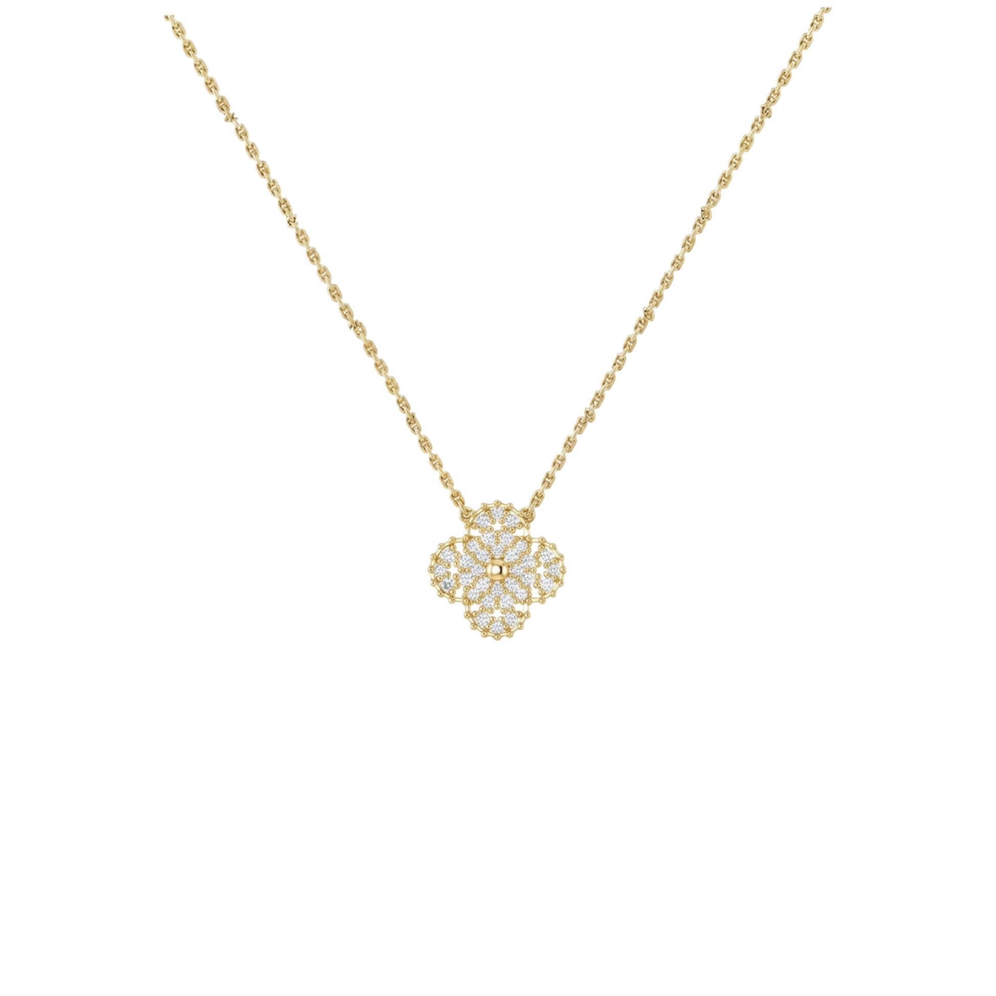 Gold necklace with a floral pendant on a white background