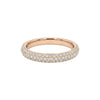 Rose gold ring with embedded diamonds on a white background