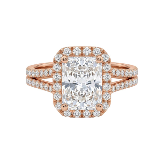 Rose gold ring with a large diamond and smaller diamonds on a white background