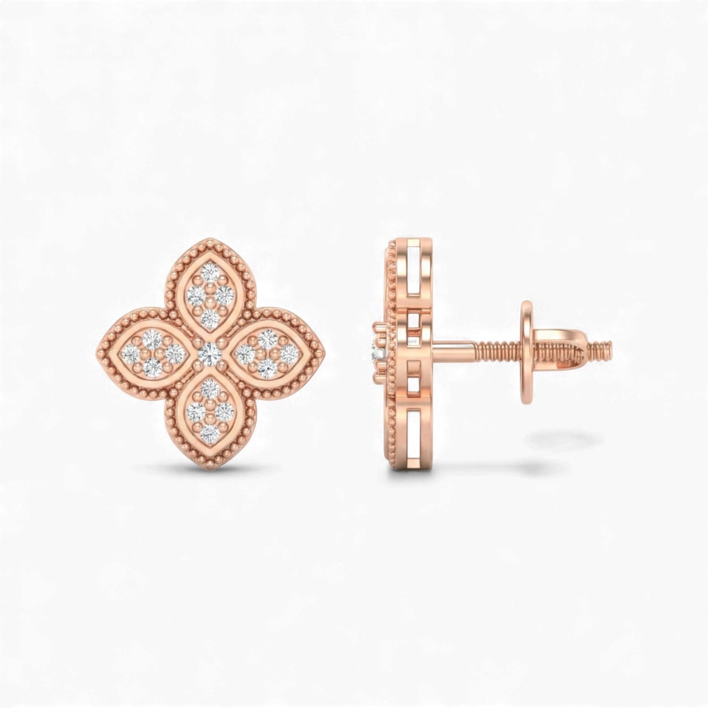 Rose gold clover-shaped earrings on a white background