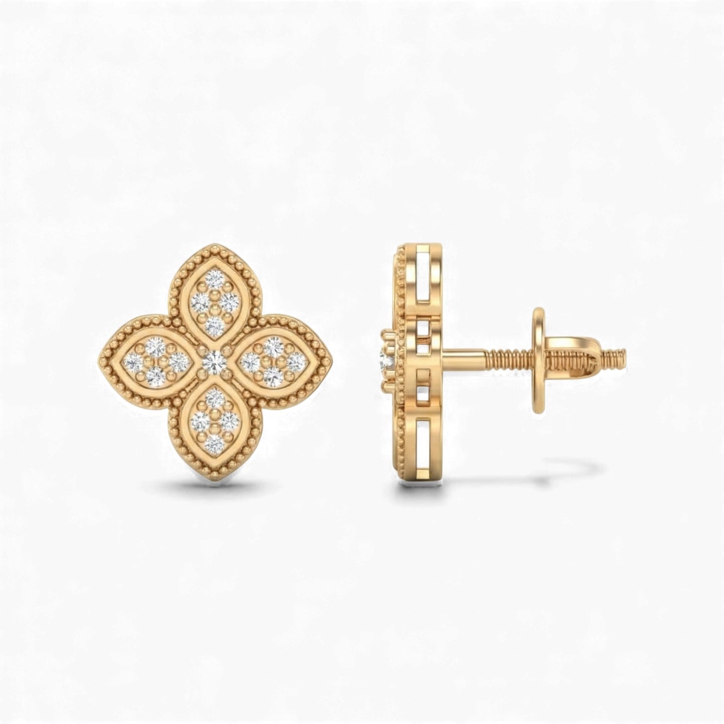 Gold earrings with diamond accents on a white background