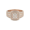 Rose gold ring with diamond accents on a white background