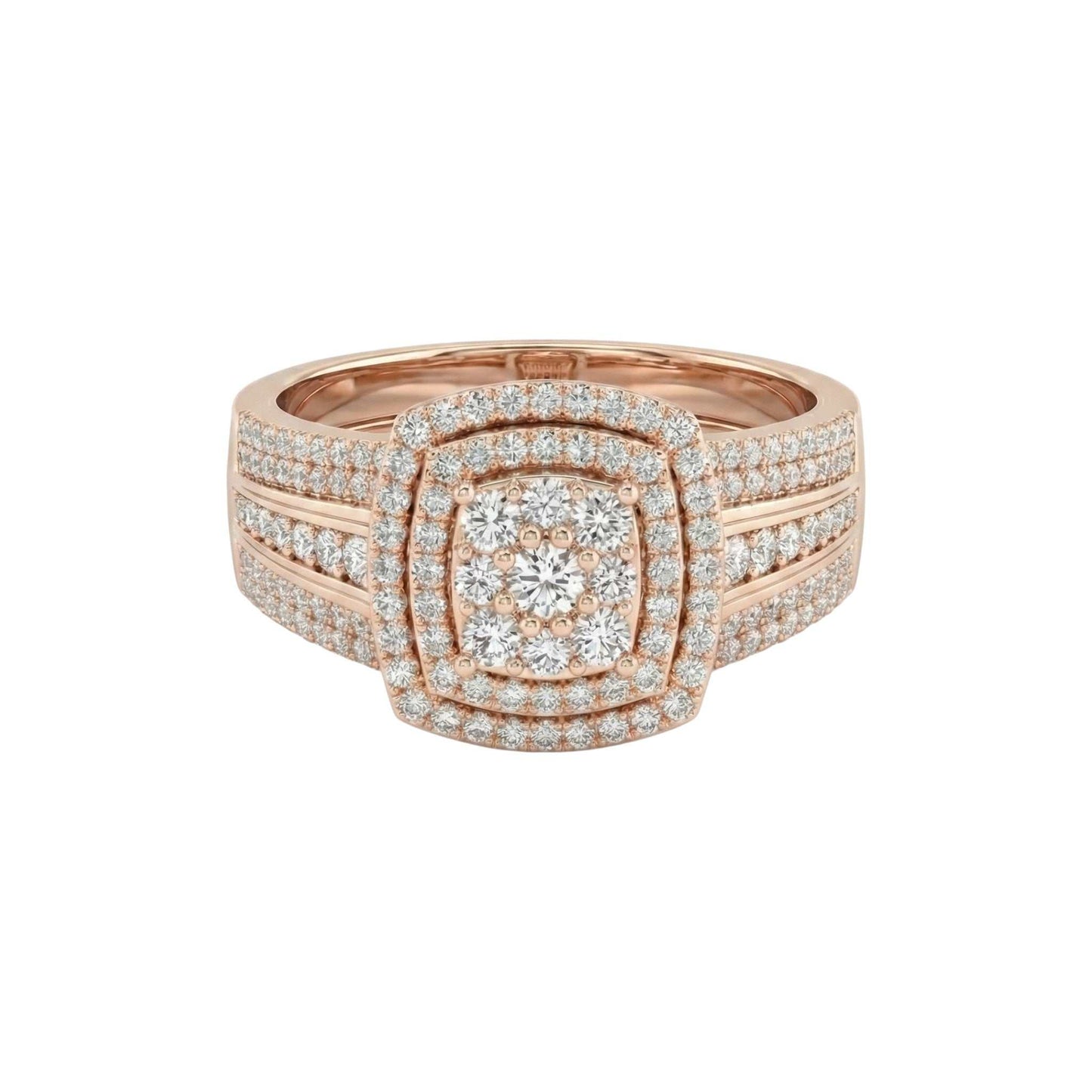 Rose gold ring with diamond accents on a white background