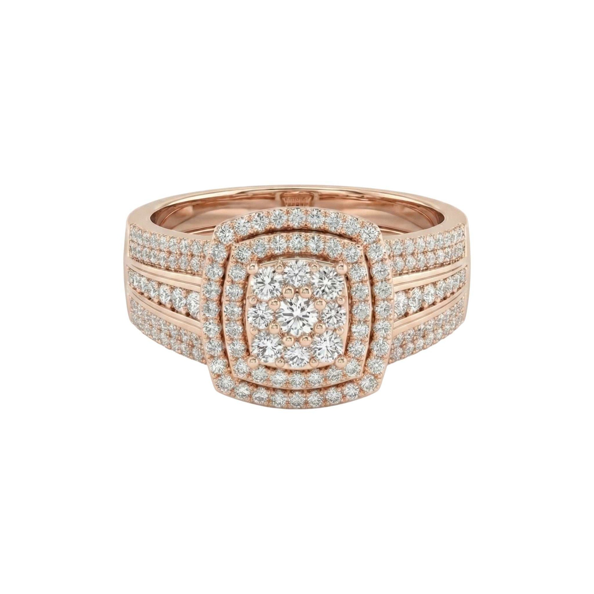 Rose gold ring with diamond accents on a white background