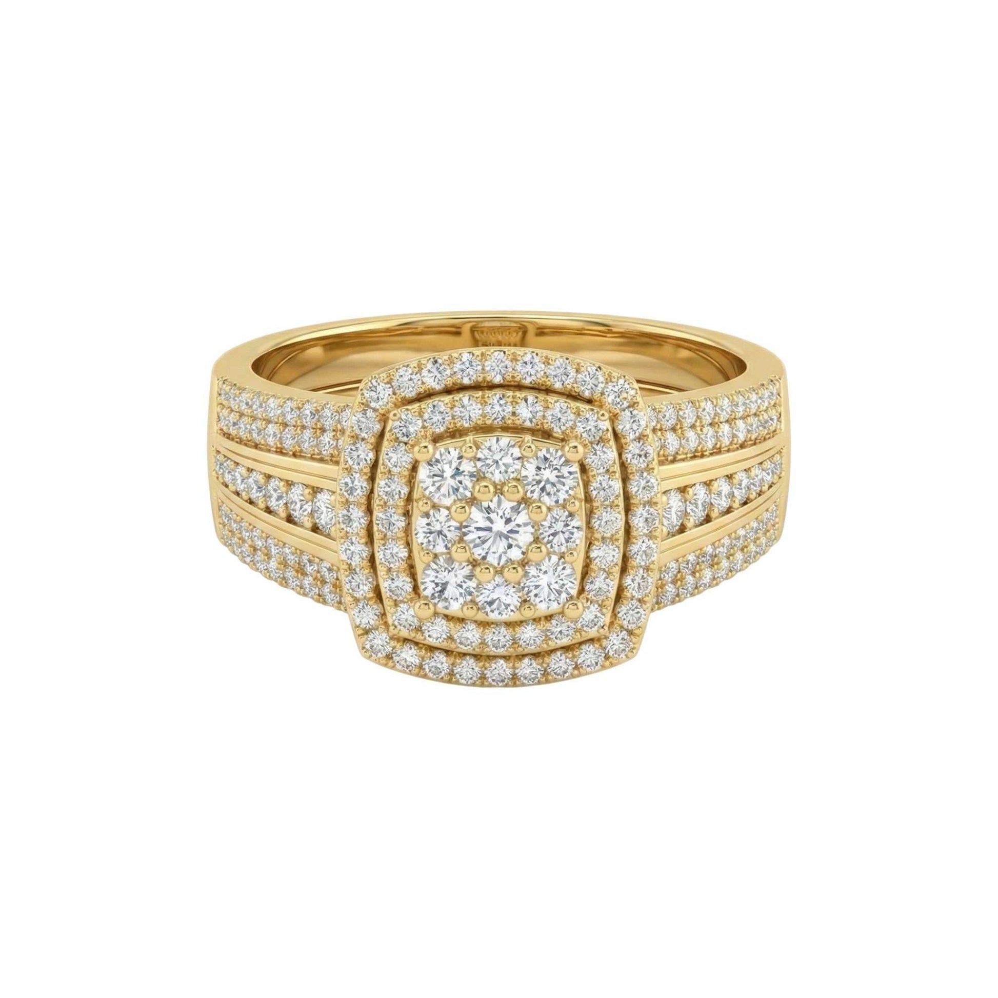 Gold ring with diamond accents on a white background
