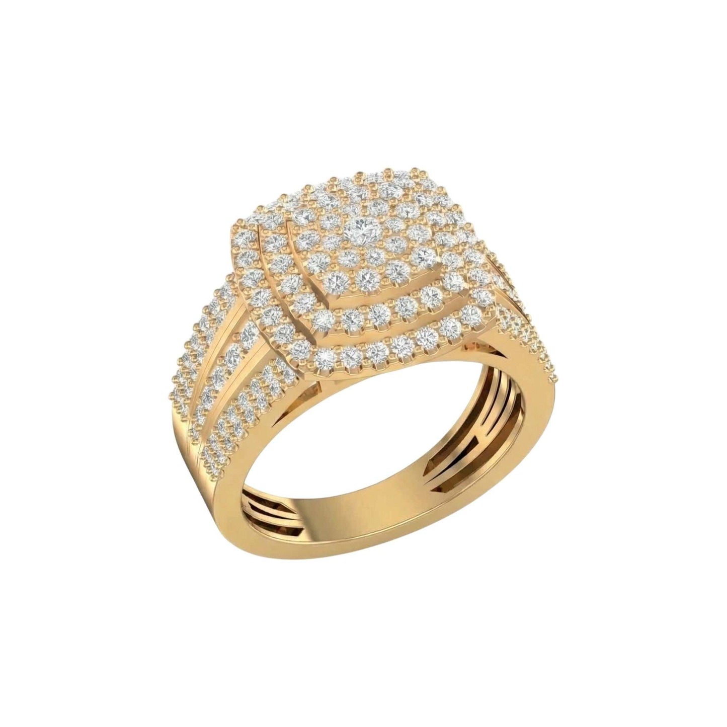 Gold ring with diamond accents on a white background
