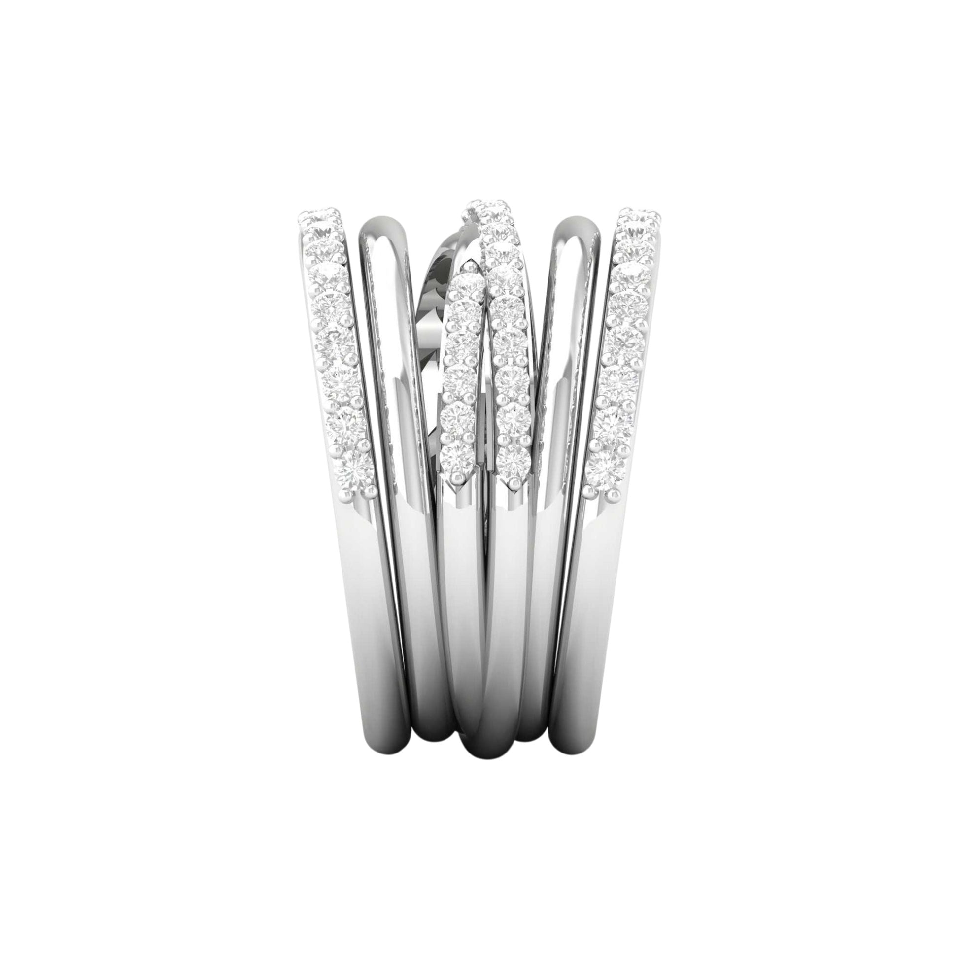 Silver ring with diamond accents on a white background