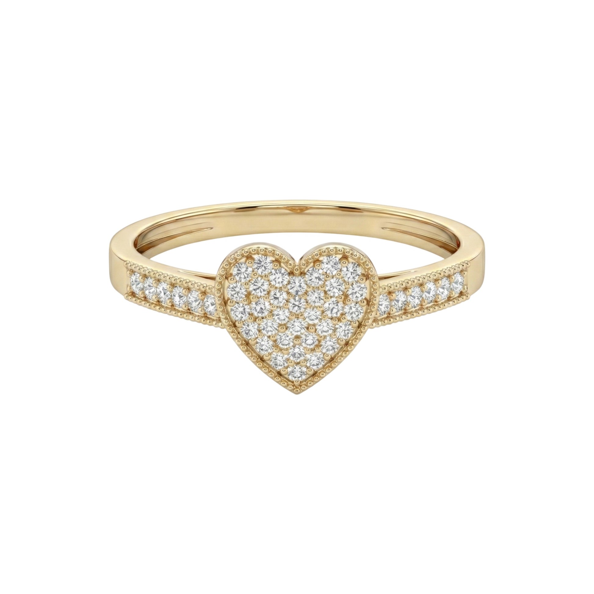 Gold ring with a heart-shaped diamond design on a white background