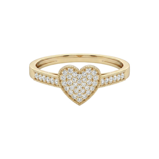 Gold ring with a heart-shaped diamond design on a white background