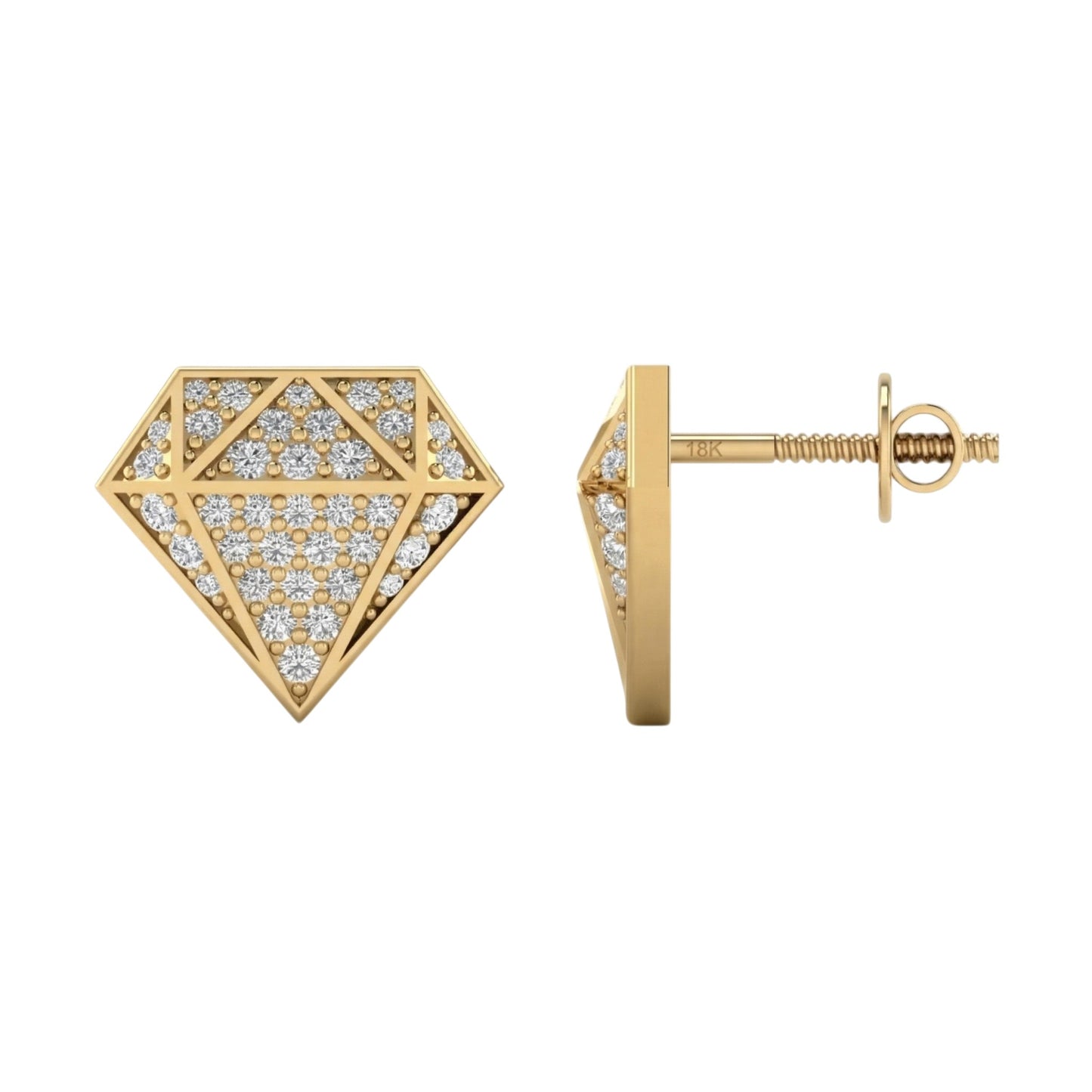 Gold geometric earrings with diamond-like stones on a white background
