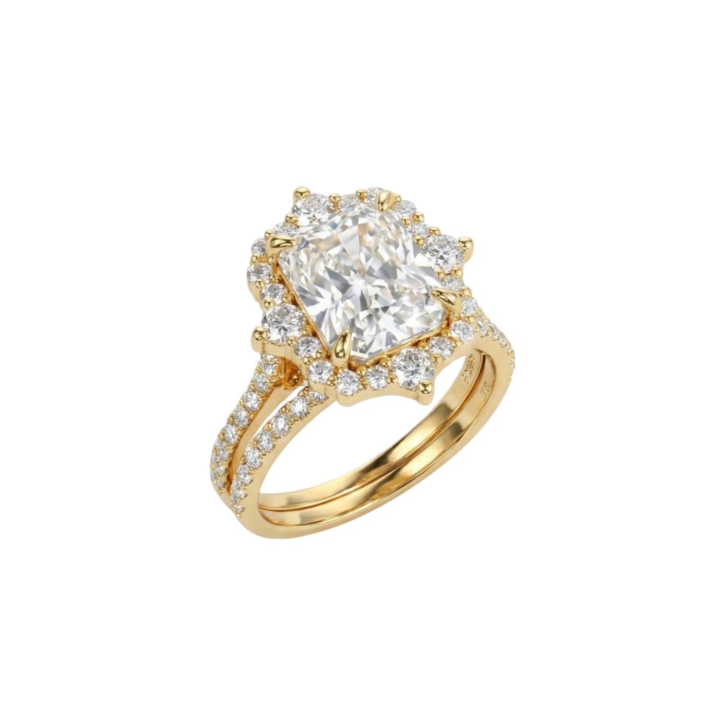 Gold ring with a large diamond and smaller diamonds on a white background