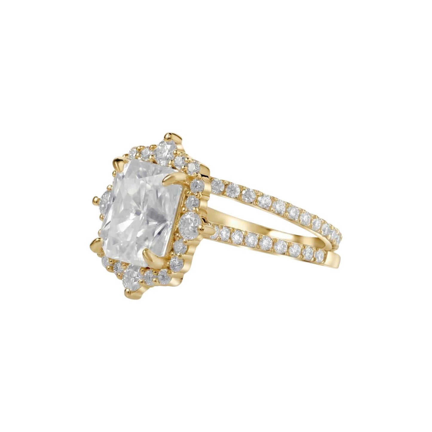 Gold ring with a large diamond and smaller diamonds on a white background