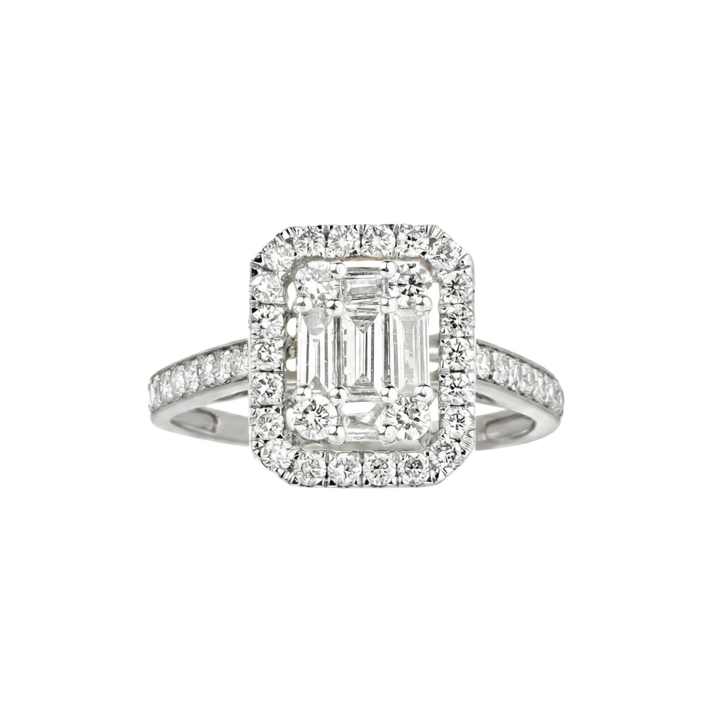Royal Baguette Cut Diamond engagement ring in 18KT gold with halo and split shank design