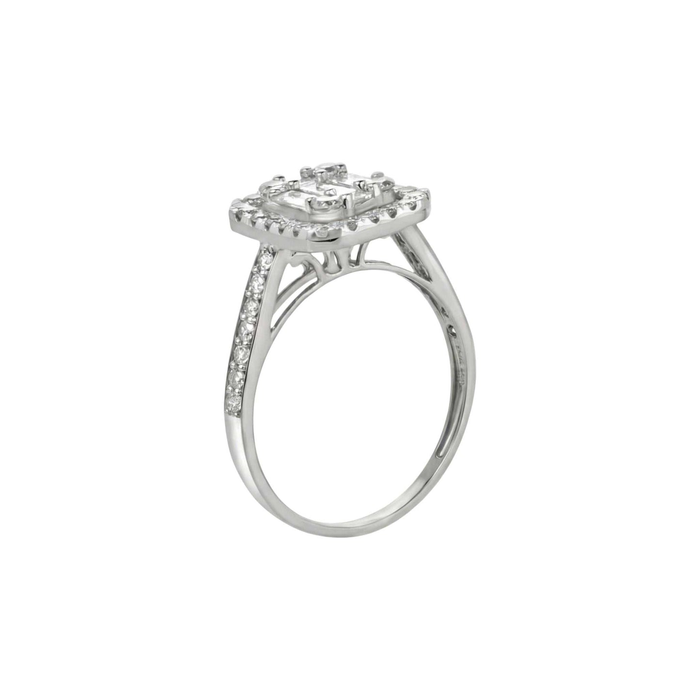 Silver ring with a diamond halo on a white background