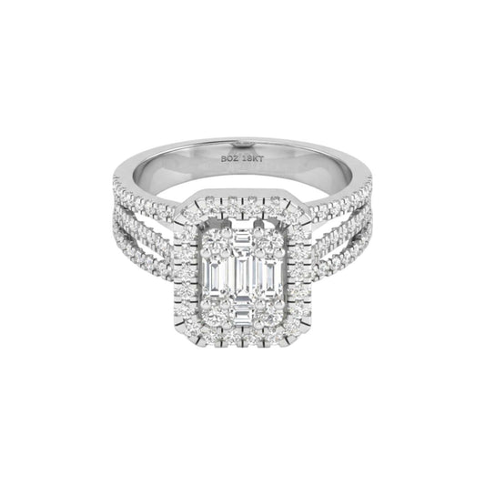 Diamond ring with emerald-cut center stone on a white background