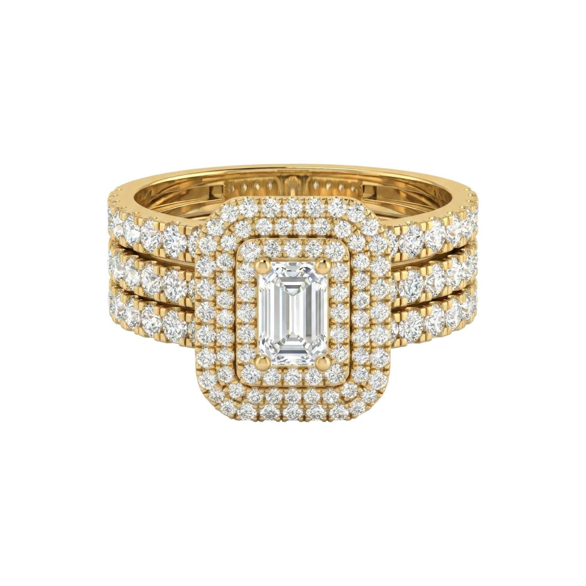 Sofia Baguette Cut diamond bride set in 18KT gold with natural diamonds and triple halo design