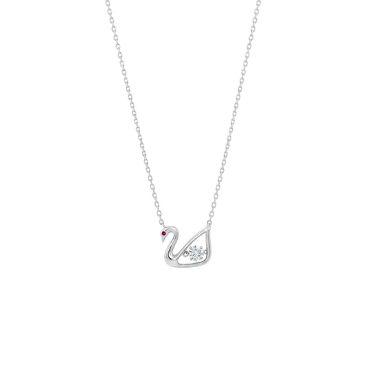 Silver swan necklace with red and clear gemstones on a white background