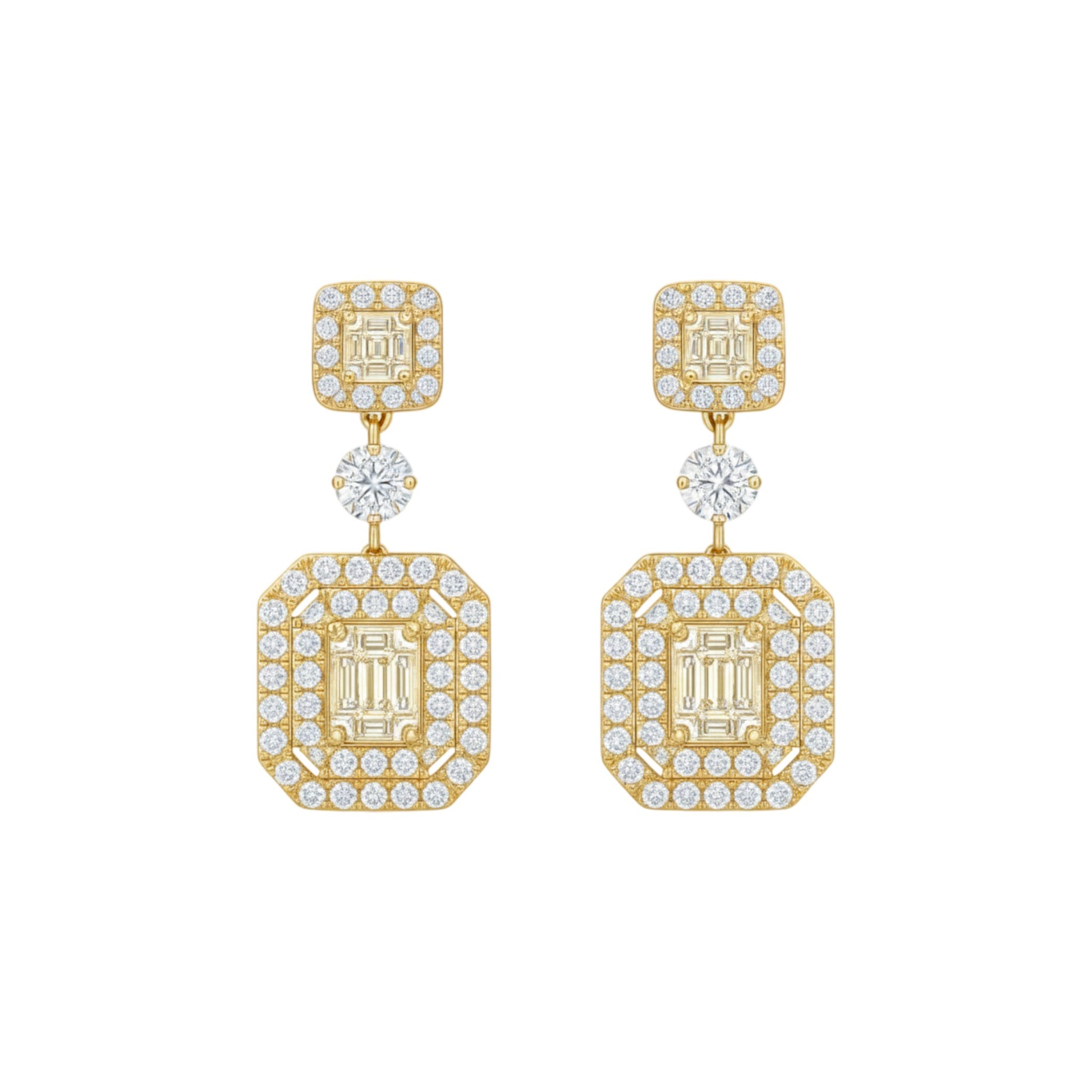 Gold and diamond earrings on a white background