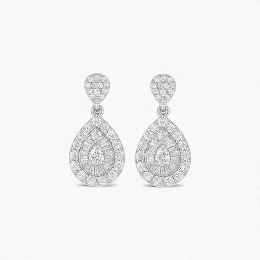 Pair of silver teardrop earrings with clear gemstones on a white background