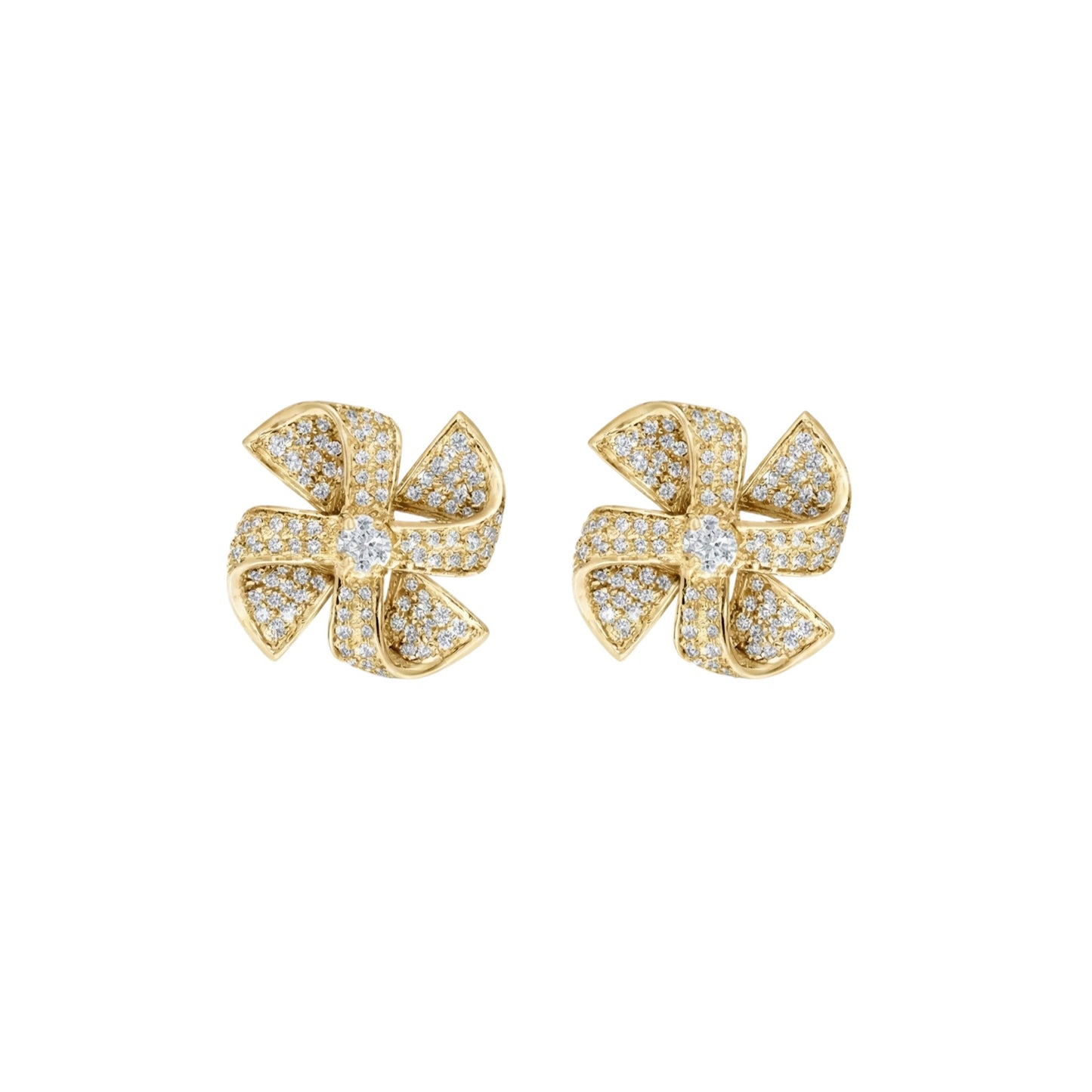 Gold bow-shaped earrings with diamond accents on a white background