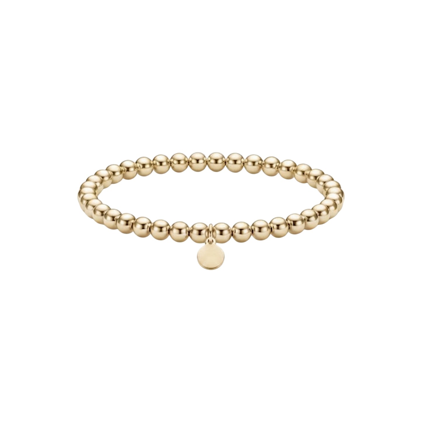 Gold beaded bracelet with a round tag on a white background