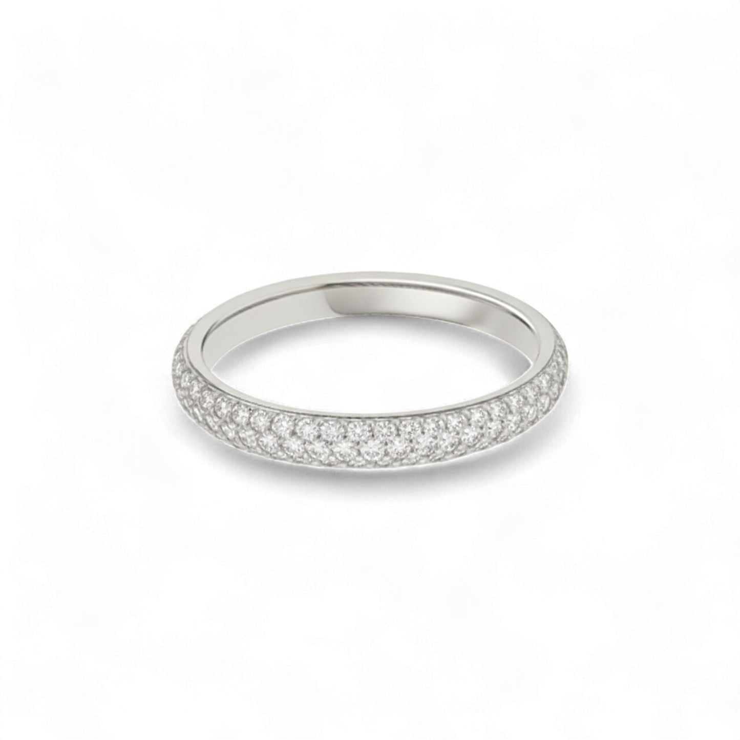 Silver ring with small diamonds on a white background