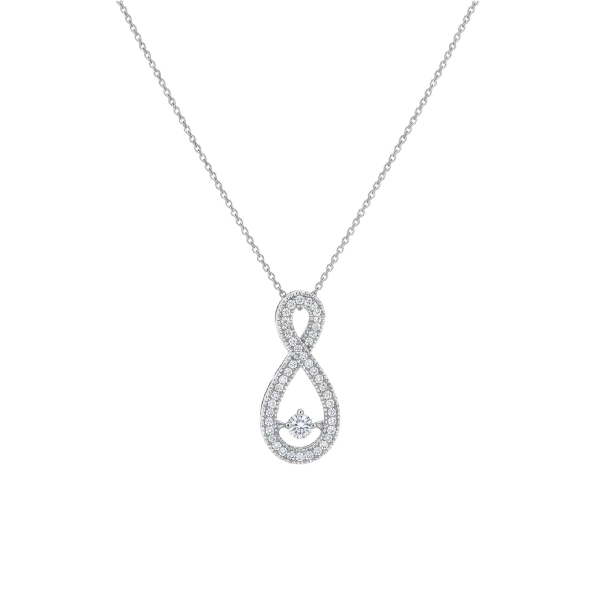 Silver infinity pendant necklace on a white background