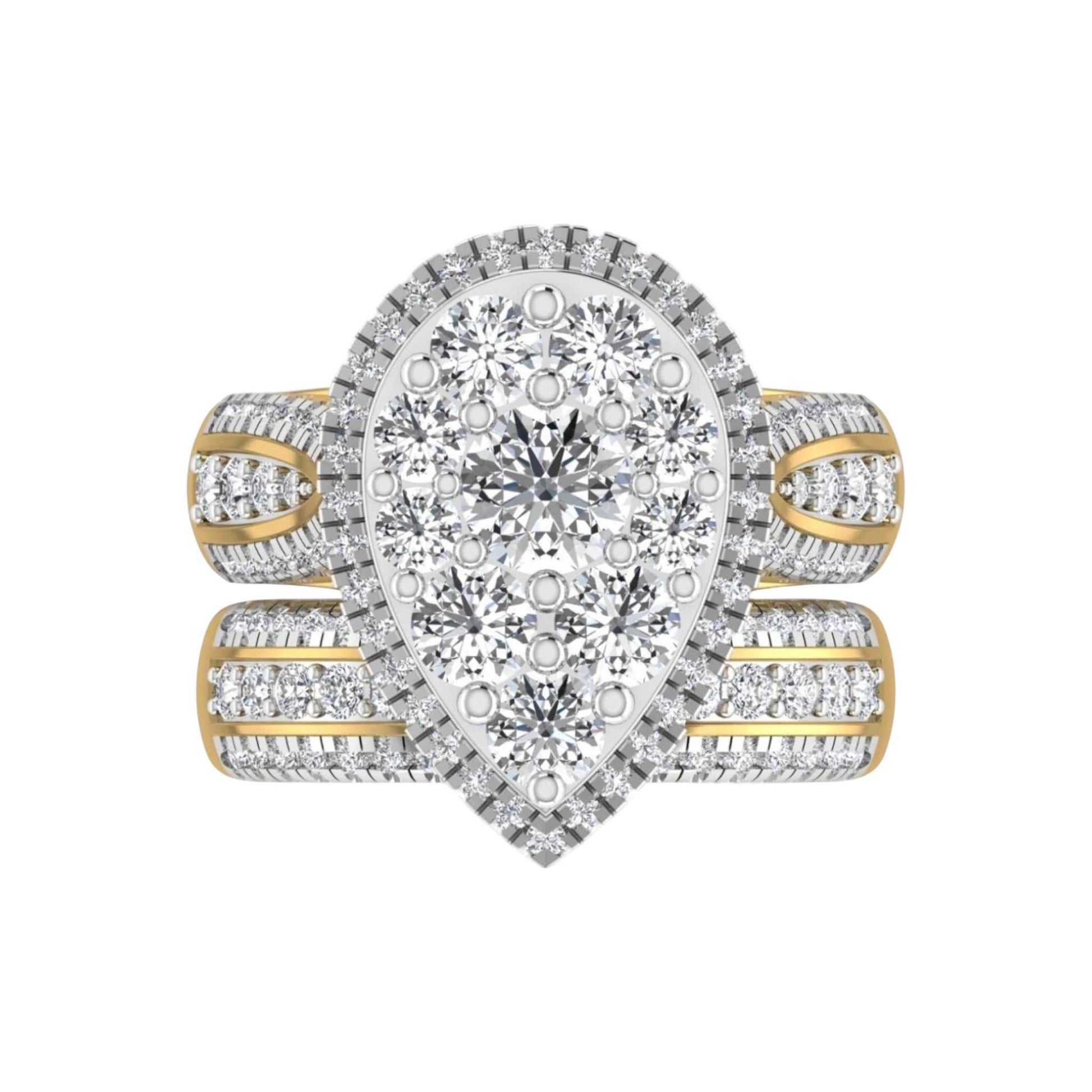 Diamond ring set with gold and silver accents on a white background