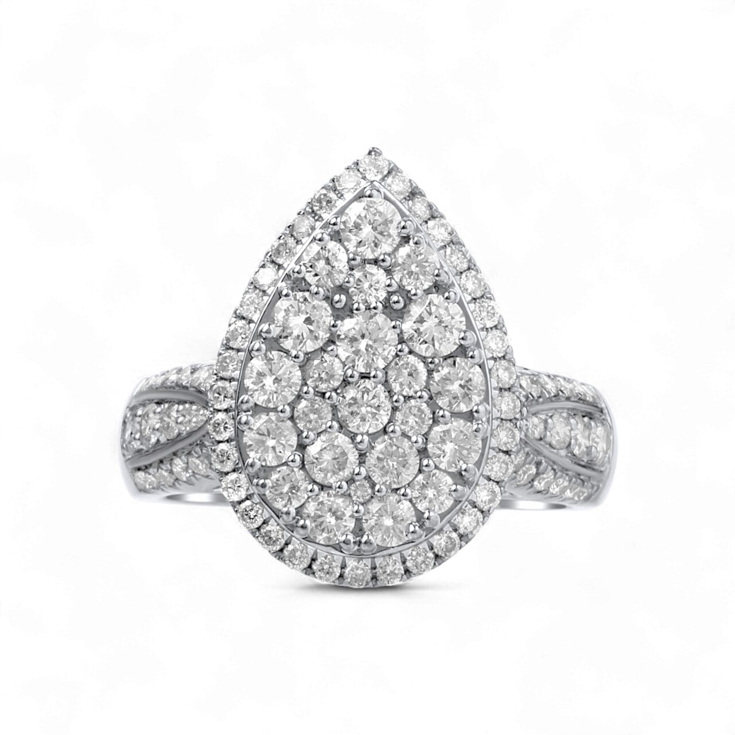 Teardrop-shaped diamond ring on a white background