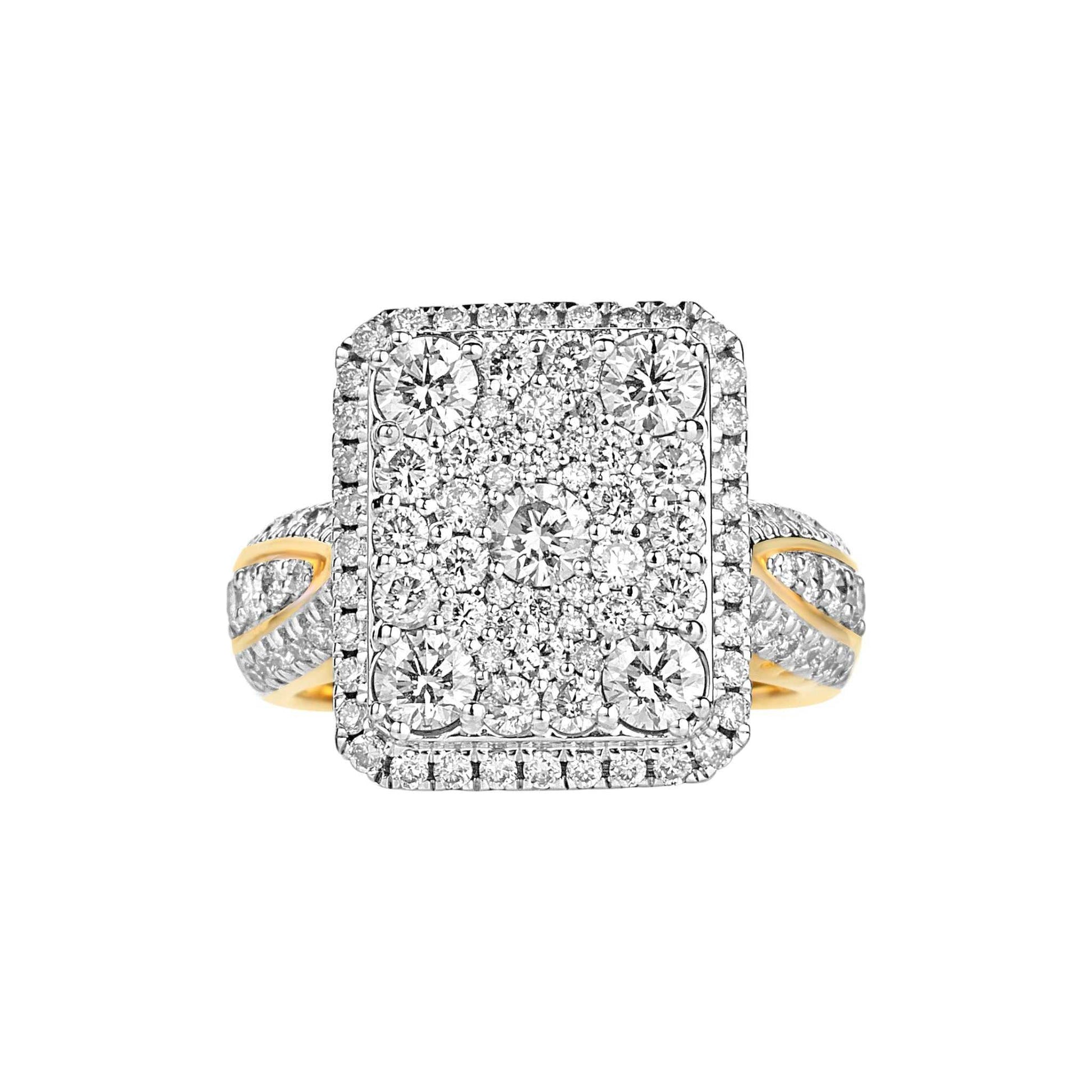Amanda Radiant Cut Diamond engagement ring in 18KT gold with radiant cluster of natural diamonds and pavé-set split shank