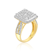A radiant cut diamond engagement ring with a gold band and diamond encrusted band