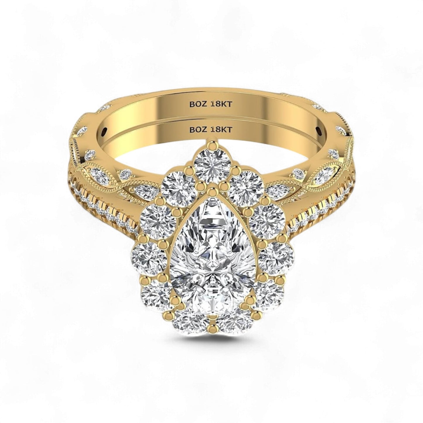 Gold ring with a large central diamond and smaller diamonds on a white background
