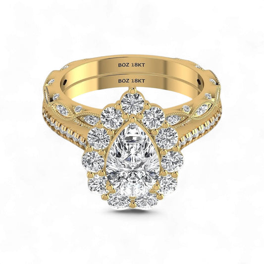 Gold ring with a large central diamond and smaller diamonds on a white background
