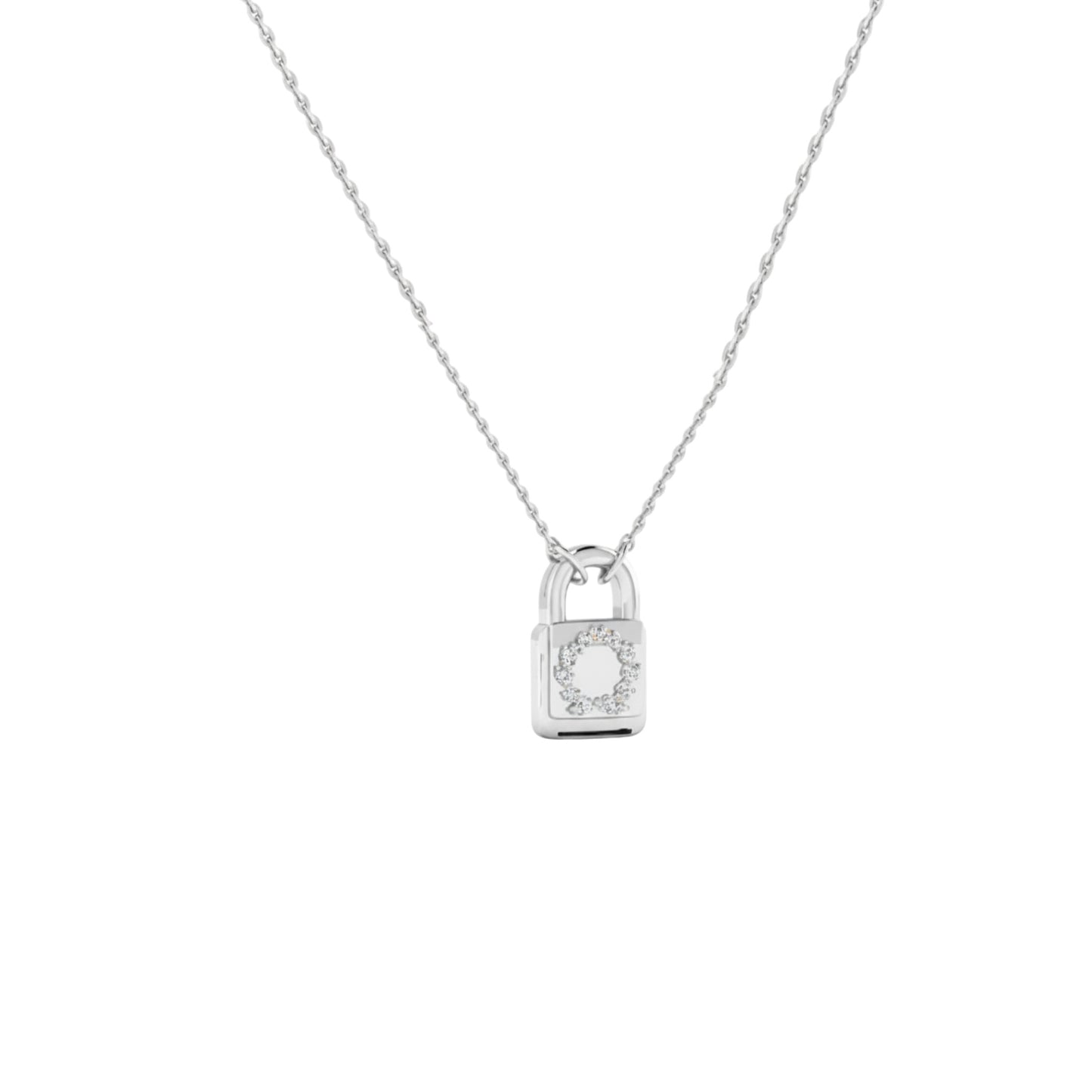 Silver padlock-shaped pendant on a chain against a white background