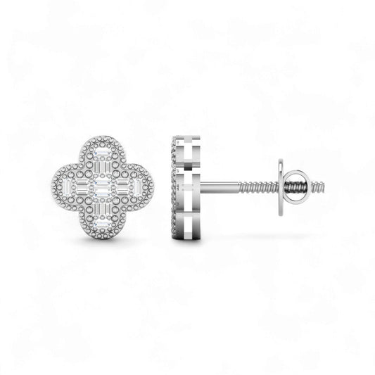 Silver earring with clover design on a white background
