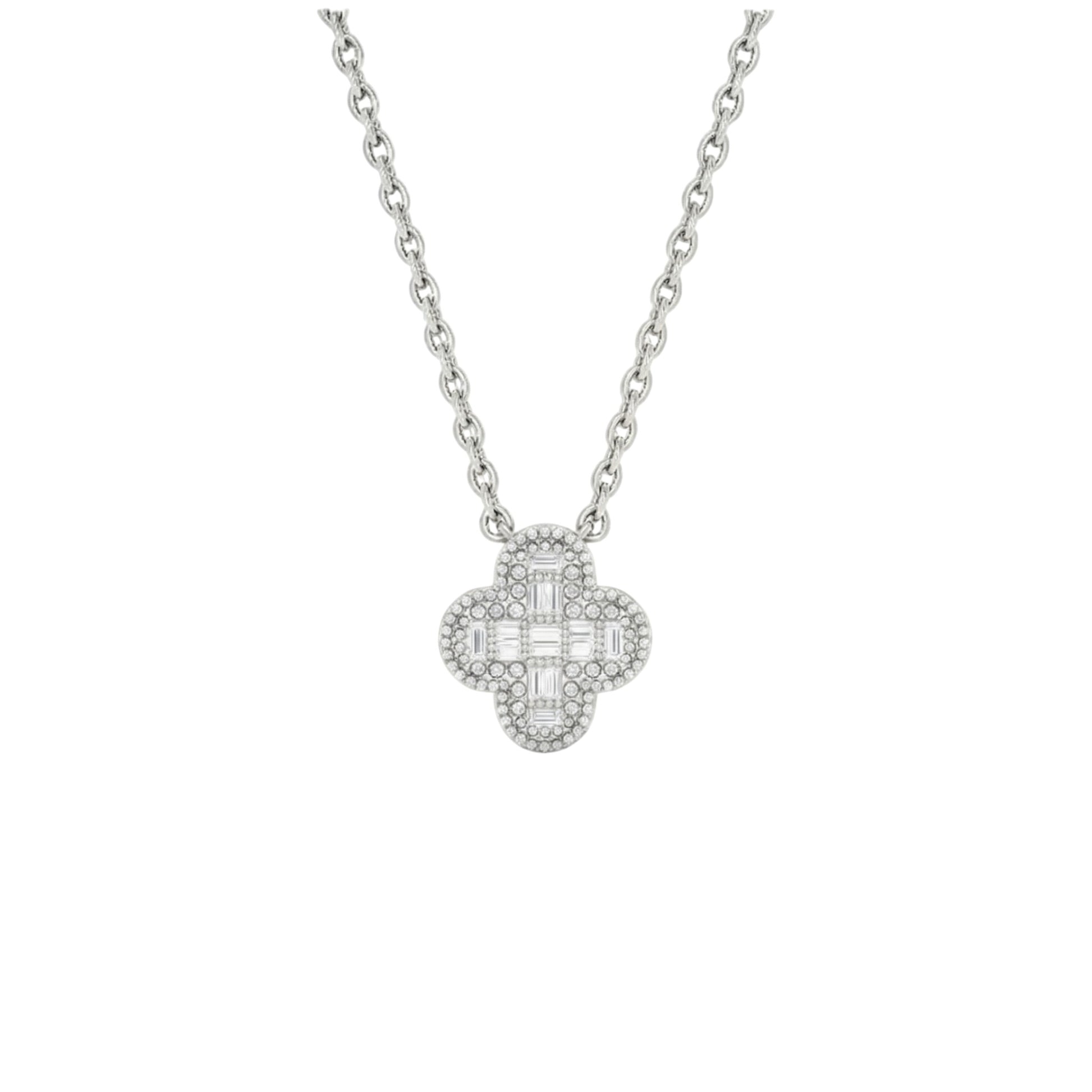 Silver necklace with a clover-shaped pendant on a white background