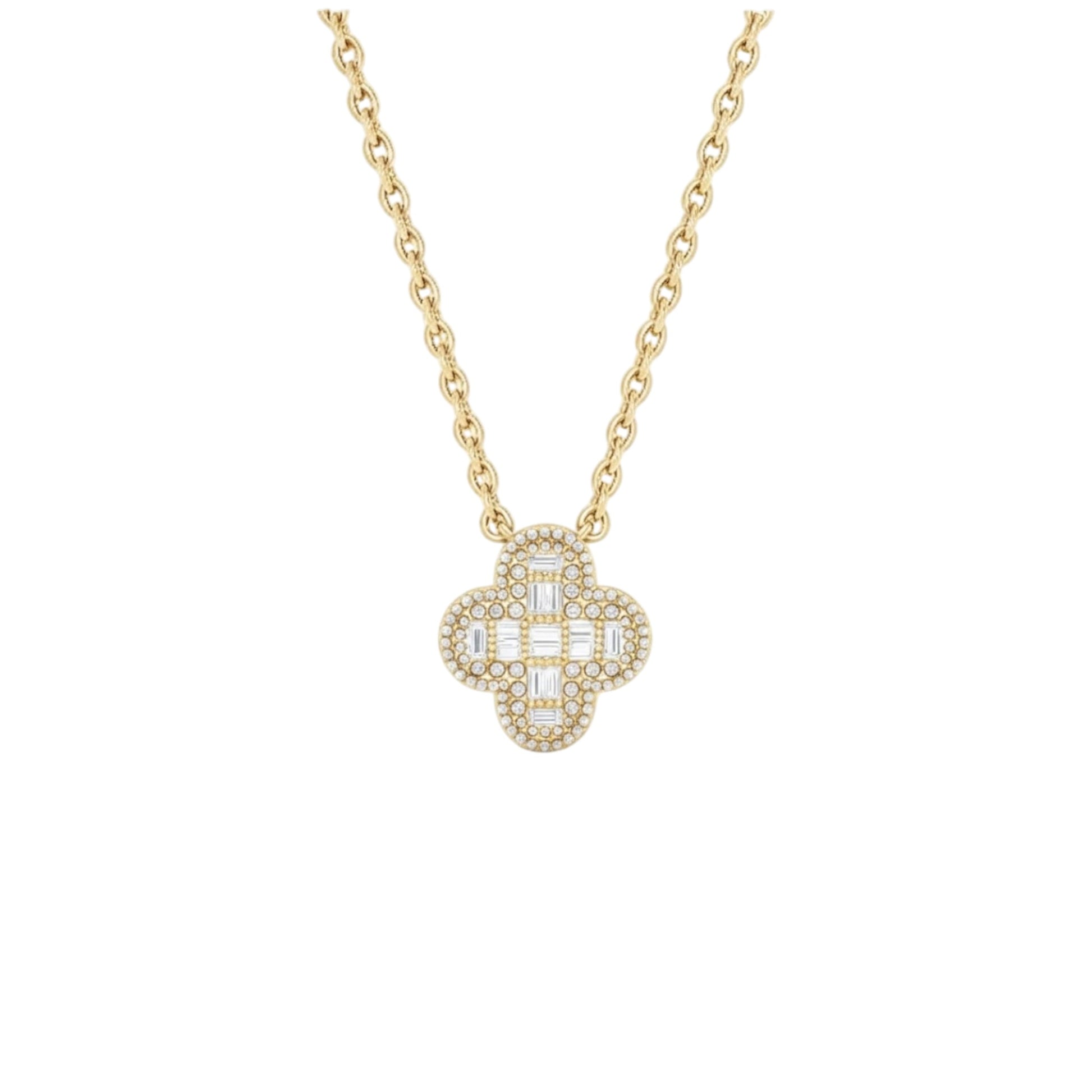 Gold necklace with a diamond pendant on a white background