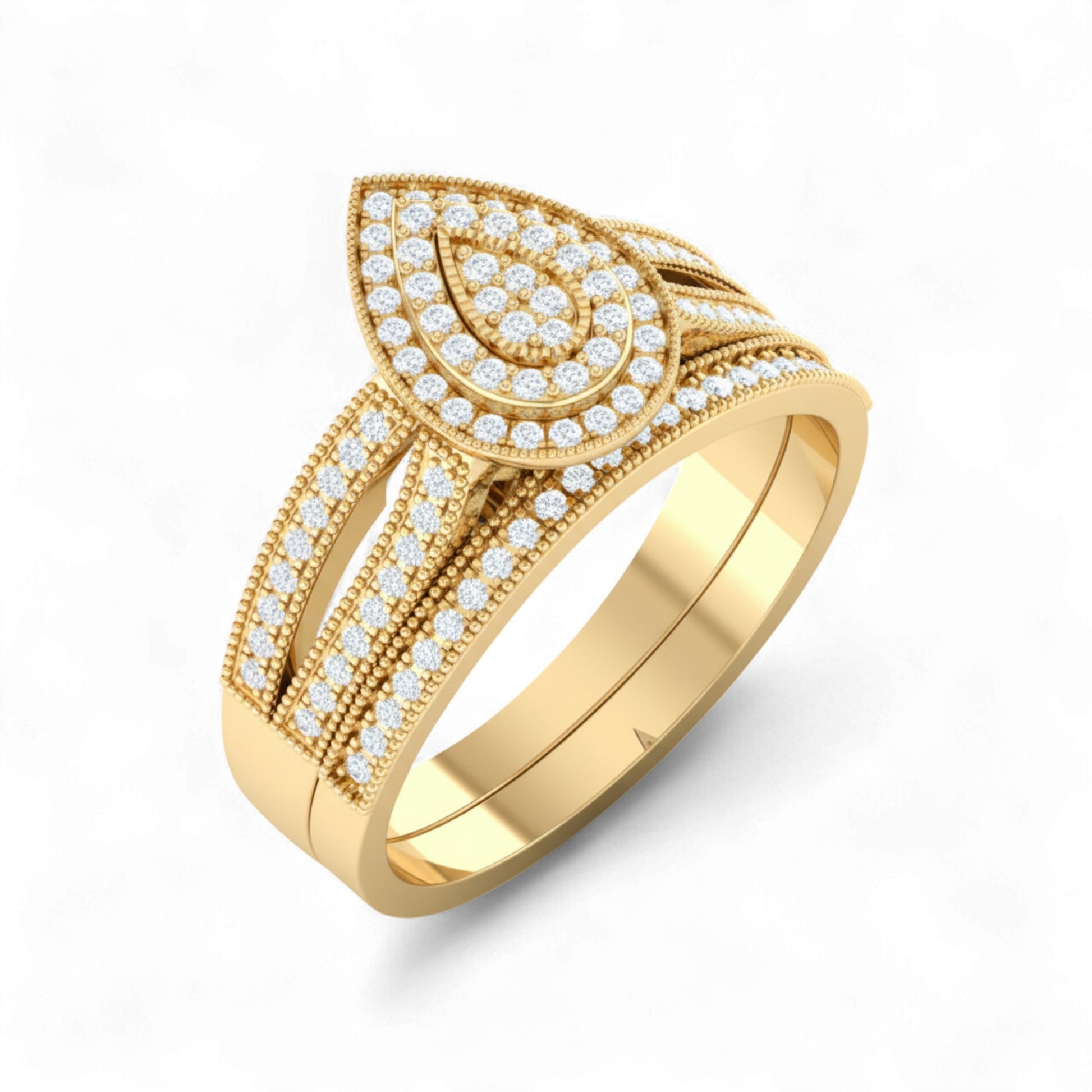 Gold ring with diamond accents on a white background
