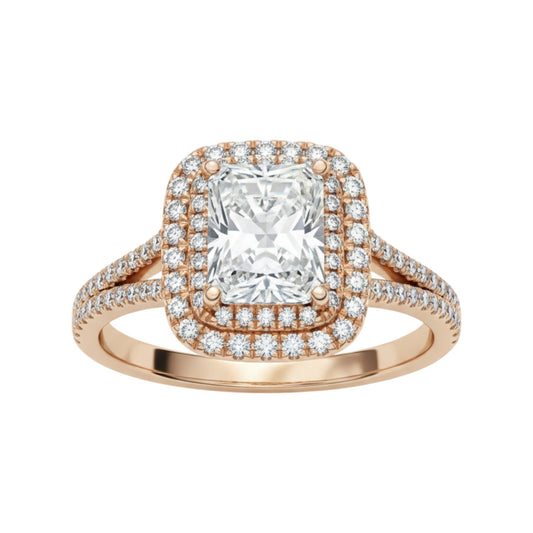 Classic Double Halo Moissanite and Diamond Engagement Ring in 18KT Gold